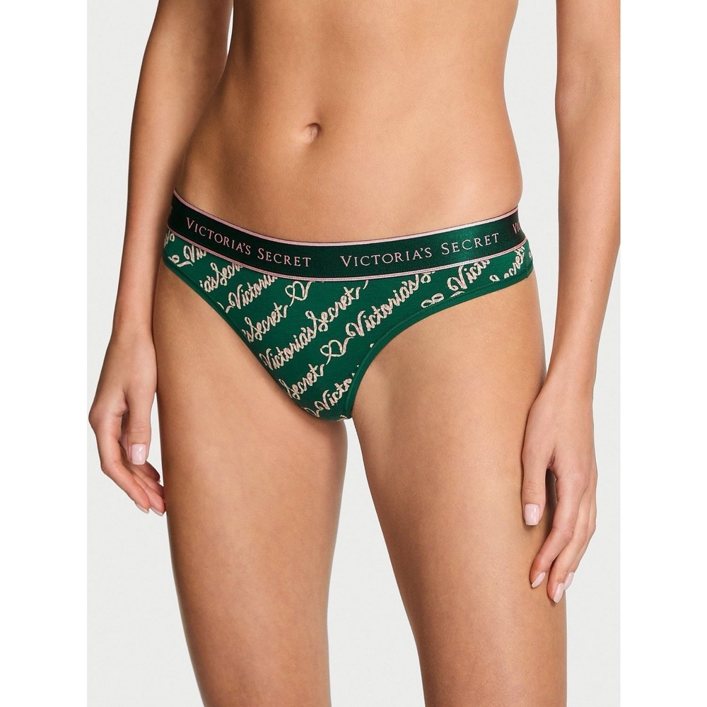Victoria's Secret Size M Holiday Green Script Logo Cotton Modal Thong‎ Mid Rise